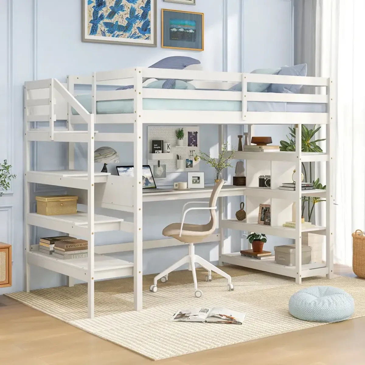 Twin Size Loft Bed with Desk and Storage Stairs Loft Bed Frame with Shelves and Safety Guardrails-White