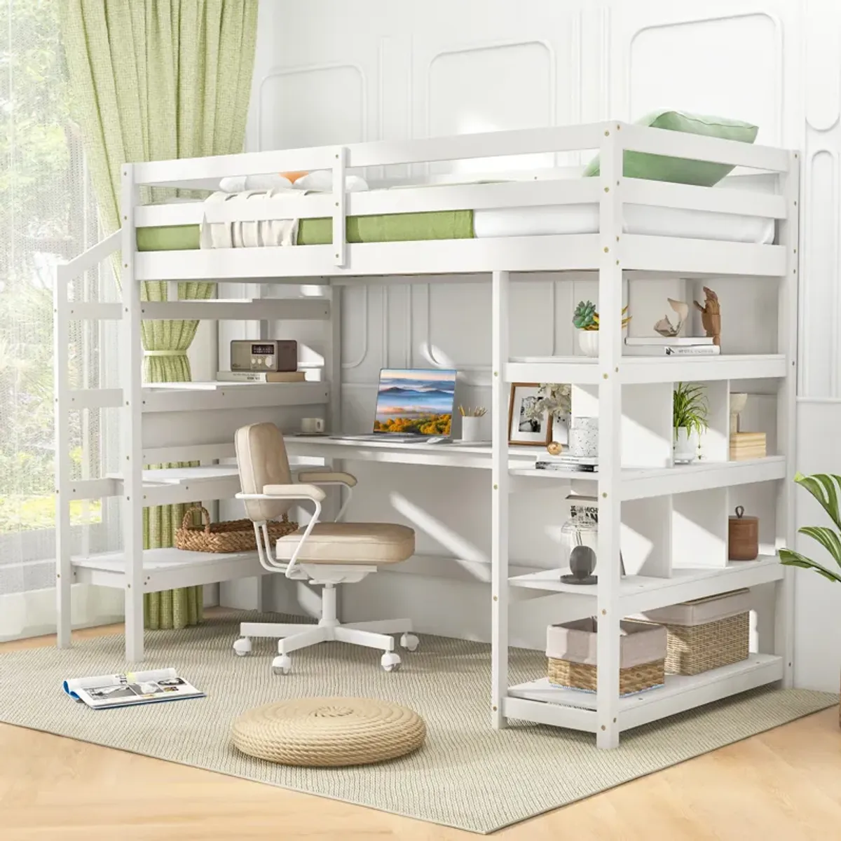 Twin Size Loft Bed with Desk and Storage Stairs Loft Bed Frame with Shelves and Safety Guardrails-White