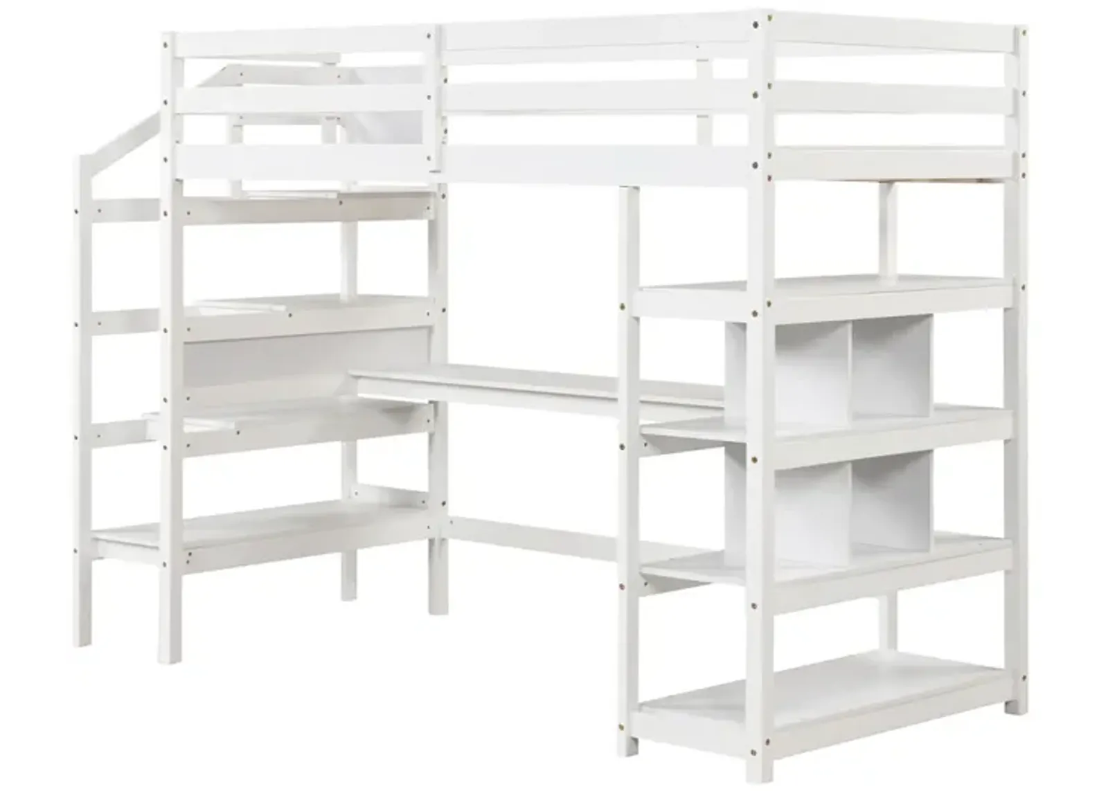 Twin Size Loft Bed with Desk and Storage Stairs Loft Bed Frame with Shelves and Safety Guardrails-White