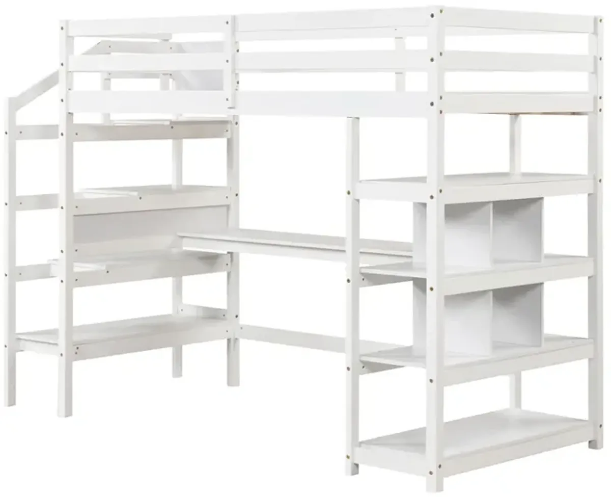 Twin Size Loft Bed with Desk and Storage Stairs Loft Bed Frame with Shelves and Safety Guardrails-White