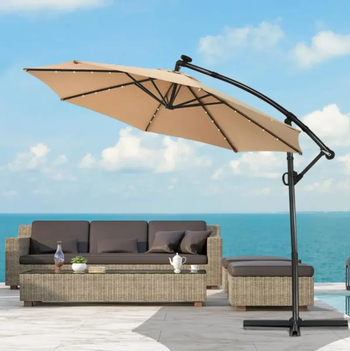 Hivvago 10 Feet 360° Rotation Solar Powered LED Patio Offset Umbrella without Weight Base