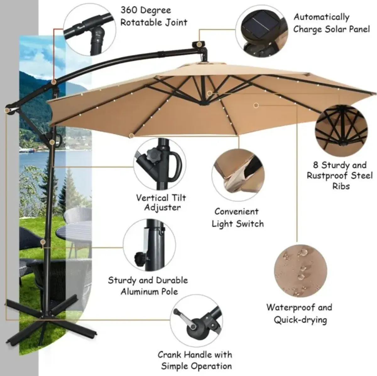 Hivvago 10 Feet 360° Rotation Solar Powered LED Patio Offset Umbrella without Weight Base