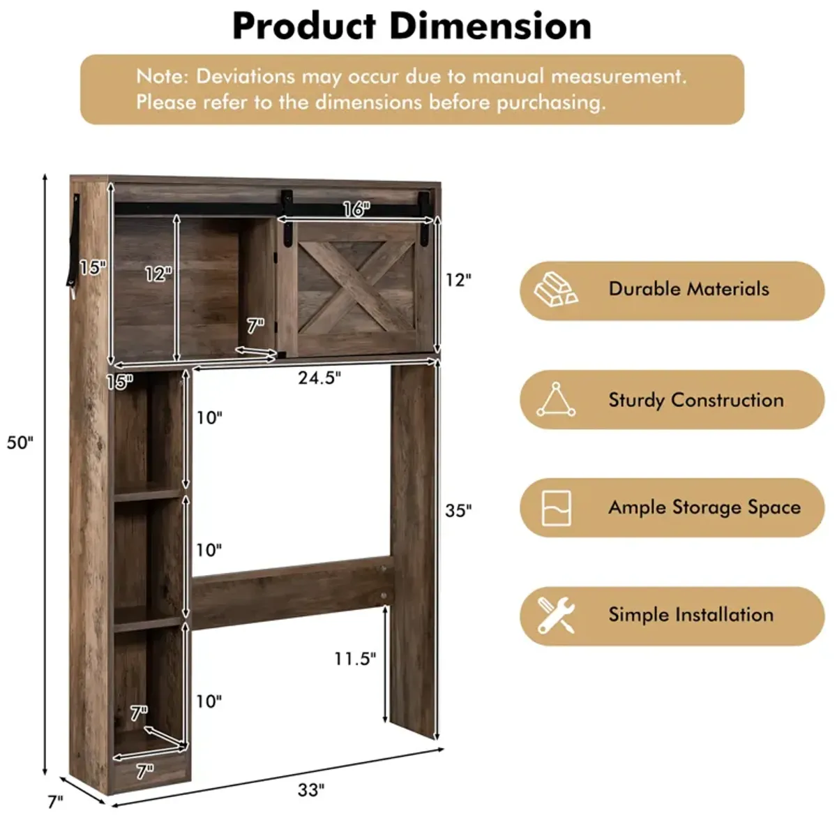 Costway Over the Toilet Bathroom Storage Cabinet with Sliding Barn Door Rustic Brown