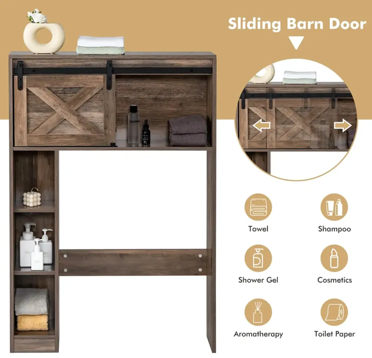 Costway Over the Toilet Bathroom Storage Cabinet with Sliding Barn Door Rustic Brown