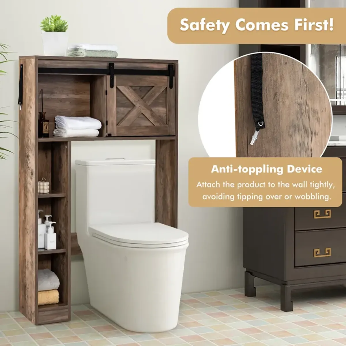 Costway Over the Toilet Bathroom Storage Cabinet with Sliding Barn Door Rustic Brown