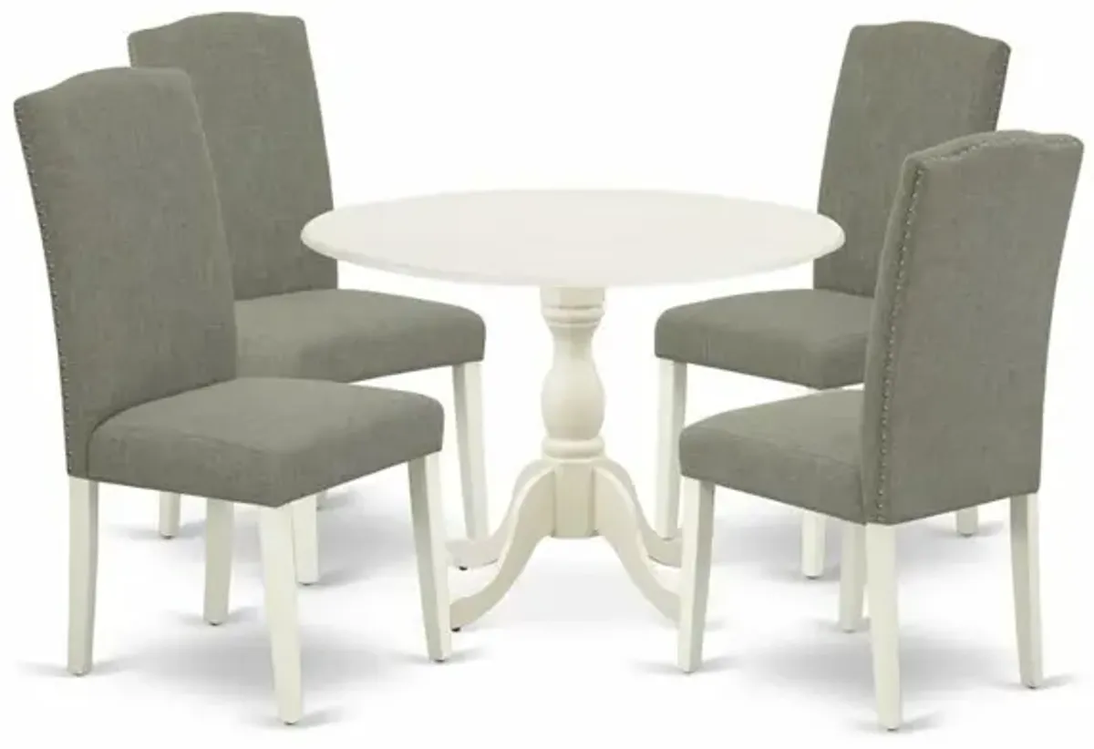 East West Furniture DMEN5-LWH-06 5 Piece Dining Room Table Set Includes 1 Drop Leaves Wooden Dining Table and 4 Dark Shitake Linen Fabric Dining Chair High Back with Nail Heads - Linen White Finish