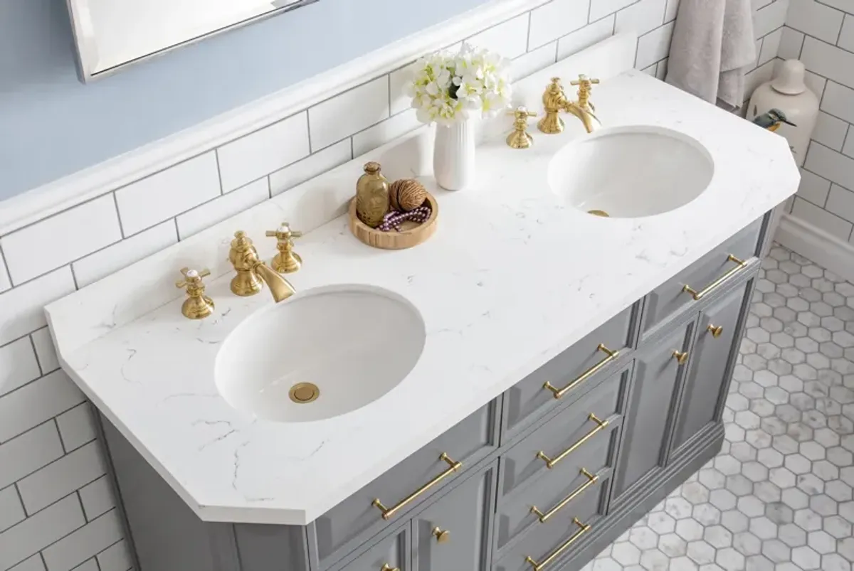 Palace 60 In. Double Sink Carrara Quartz Countertop Bath Vanity in Cashmere Grey with Satin Gold Hardware and Waterfall Faucets