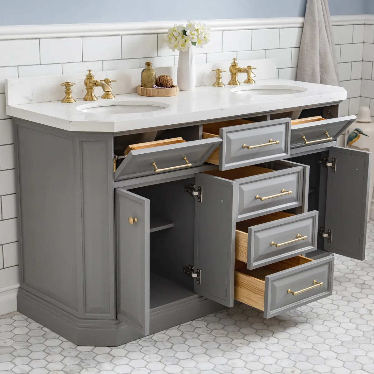 Palace 60 In. Double Sink Carrara Quartz Countertop Bath Vanity in Cashmere Grey with Satin Gold Hardware and Waterfall Faucets