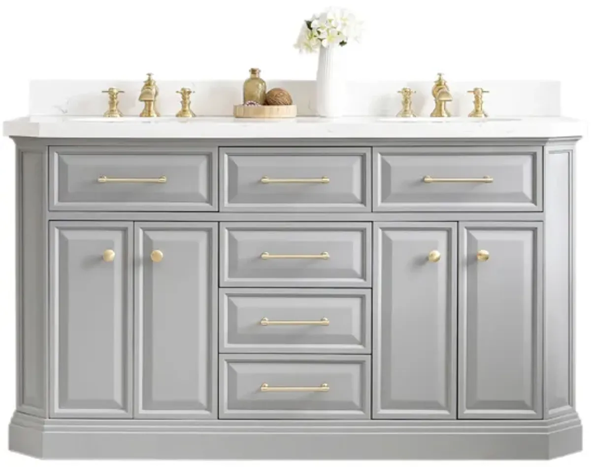 Palace 60 In. Double Sink Carrara Quartz Countertop Bath Vanity in Cashmere Grey with Satin Gold Hardware and Waterfall Faucets