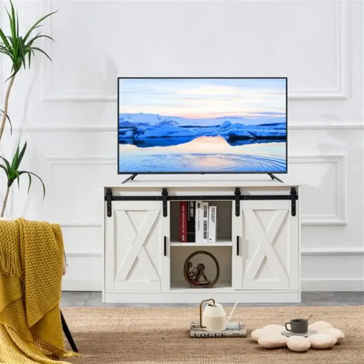 TV Cabinet with Two Sliding Barn Doors – Rustic Entertainment Center with Stylish Storage