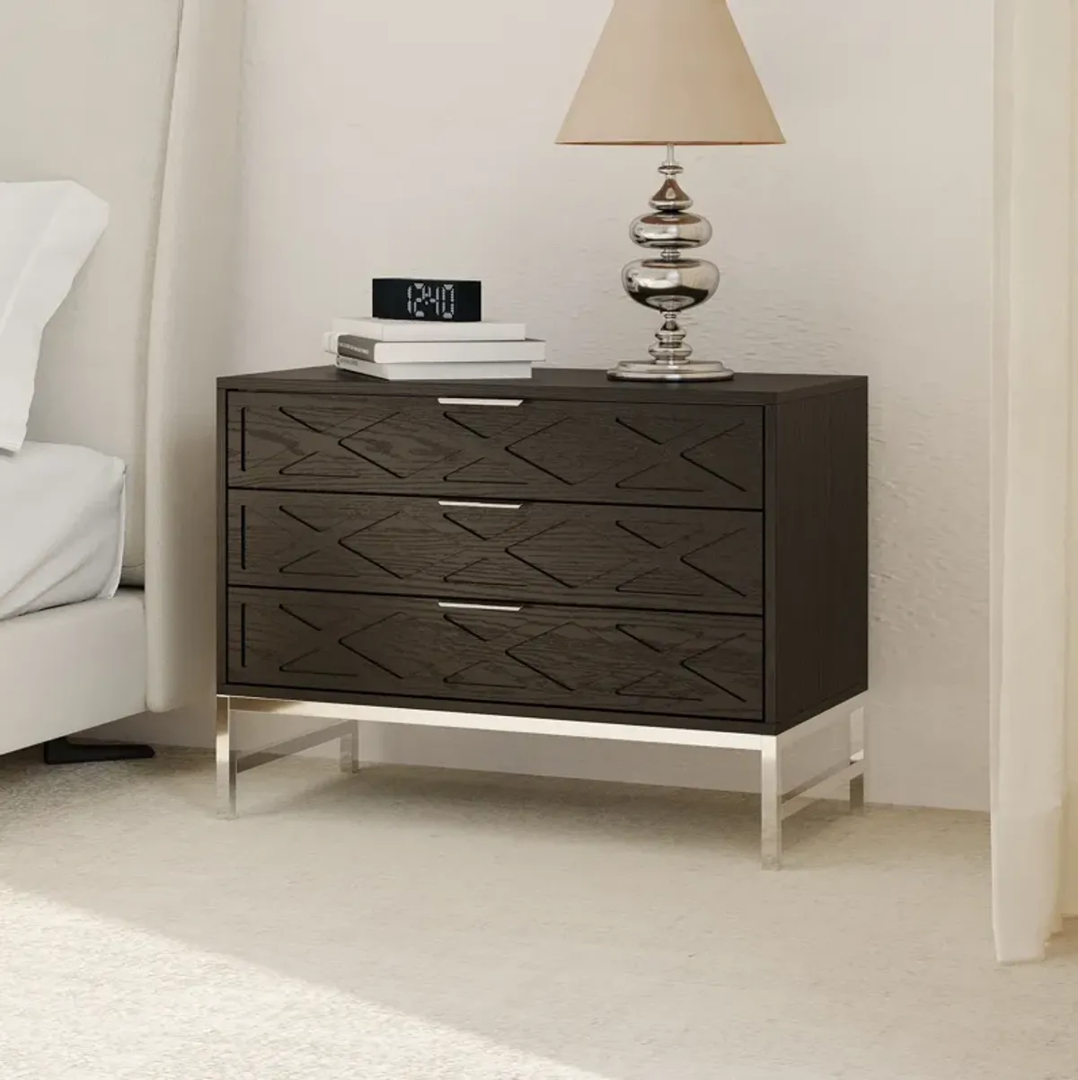 FUFU&GAGA Modern Black Wood Grain Storage Cabinet with Geometric Drawer Design, Silver Metal Handles & Legs, 3-Drawer Organization Unit (31.5" W x 15.4" D x 23.6" H)