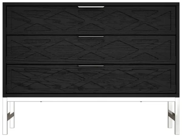 FUFU&GAGA Modern Black Wood Grain Storage Cabinet with Geometric Drawer Design, Silver Metal Handles & Legs, 3-Drawer Organization Unit (31.5" W x 15.4" D x 23.6" H)