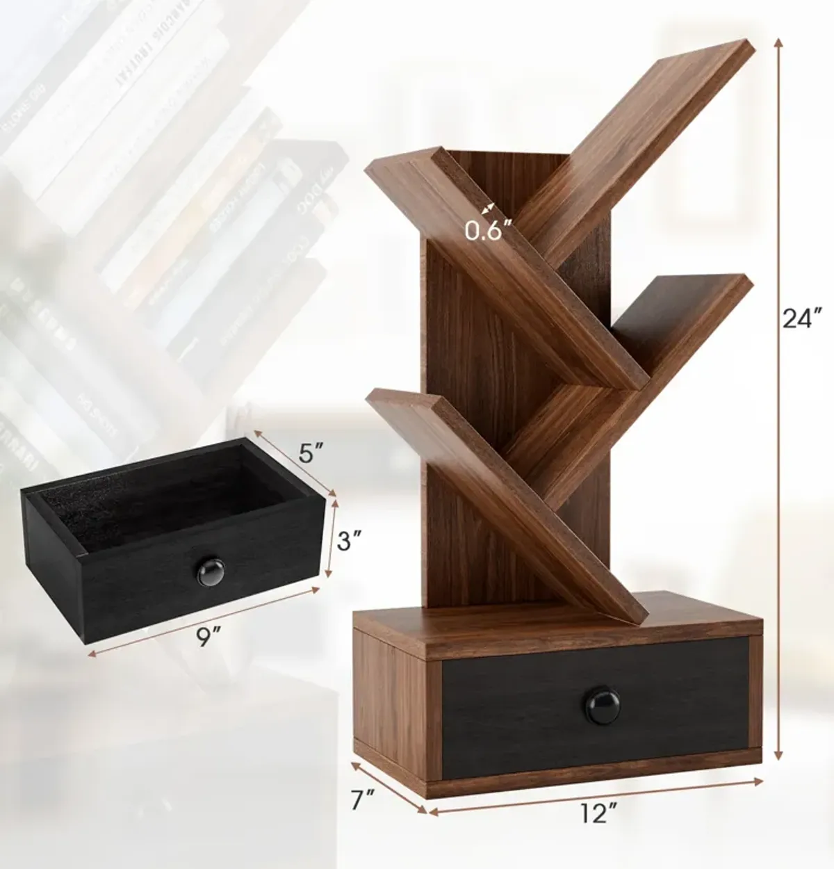 5-Tier Floor Standing Tree Bookcase with Drawer