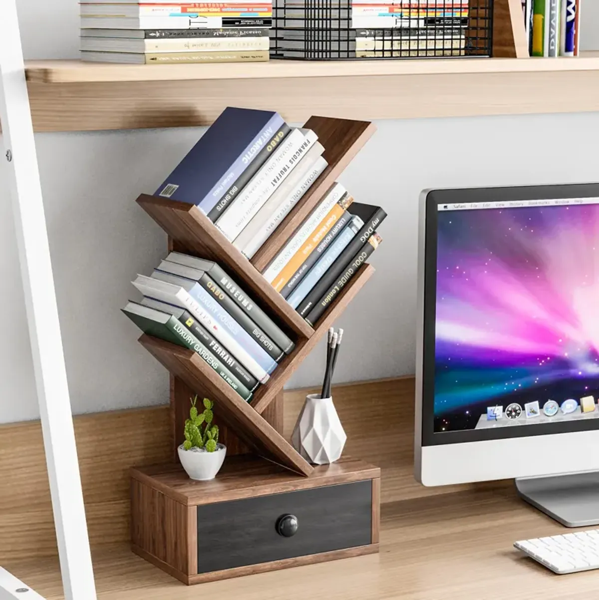 5-Tier Floor Standing Tree Bookcase with Drawer