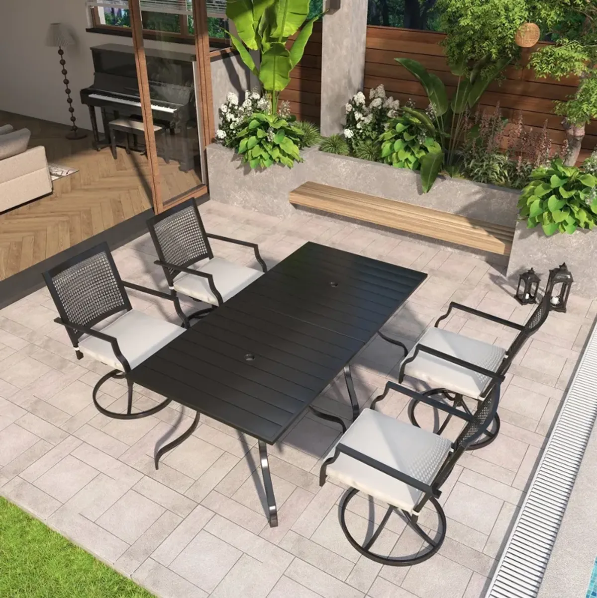 MONDAWE 6-Piece Patio Dining Set With  2 Pcs Square Steel Tables And 6 Pcs Steel Mesh Swivel Chairs, Black