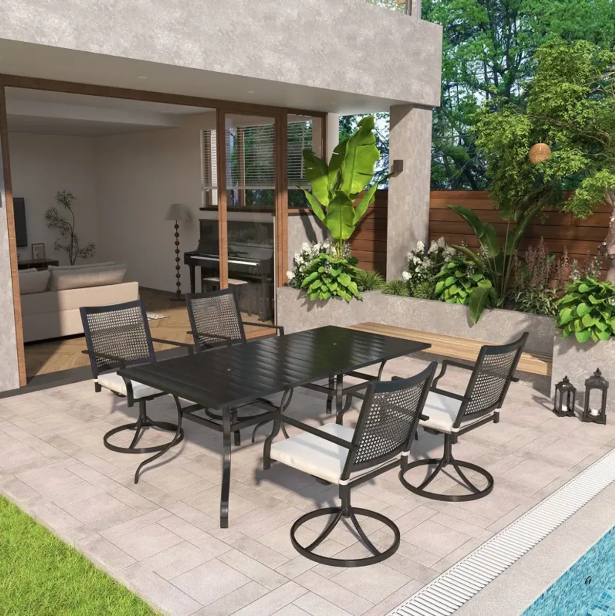 MONDAWE 6-Piece Patio Dining Set With  2 Pcs Square Steel Tables And 6 Pcs Steel Mesh Swivel Chairs, Black