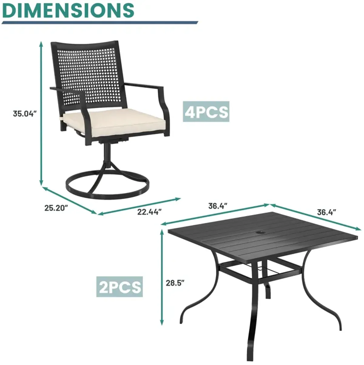 MONDAWE 6-Piece Patio Dining Set With  2 Pcs Square Steel Tables And 6 Pcs Steel Mesh Swivel Chairs, Black