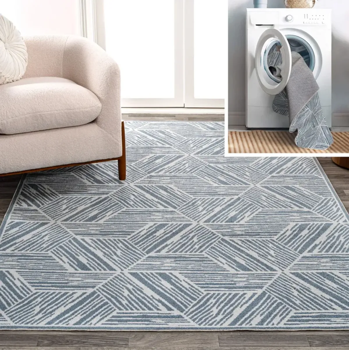 Vector Modern Coastal Geometric Machine-Washable Blue/Cream 3 ft. x 5 ft. Area Rug