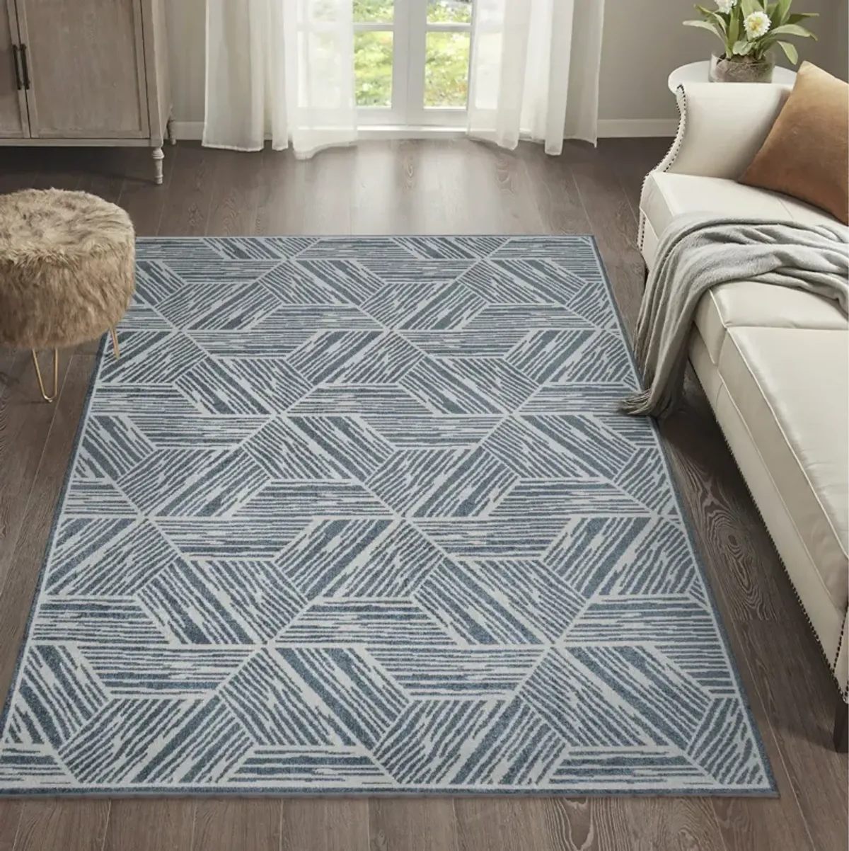 Vector Modern Coastal Geometric Machine-Washable Blue/Cream 3 ft. x 5 ft. Area Rug