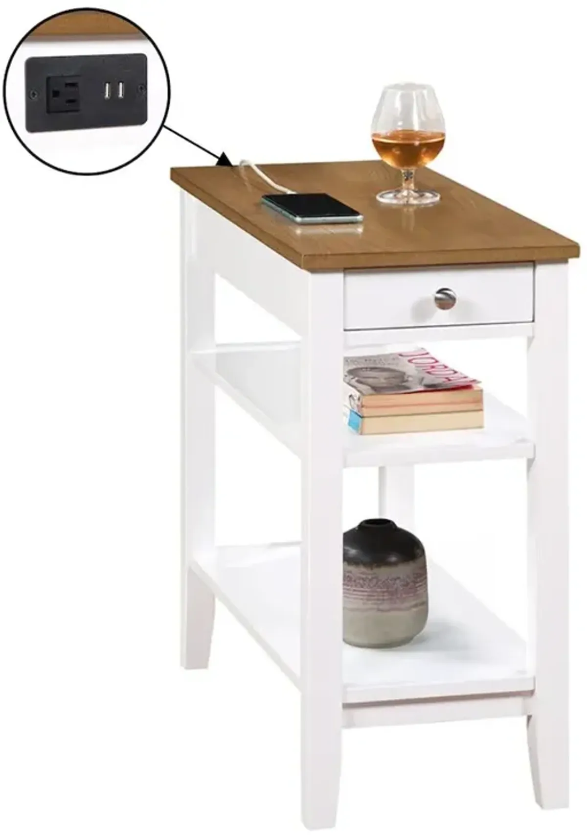 Convenience Concepts American Heritage 1 Drawer Chairside End Table with Charging Station and Shelves