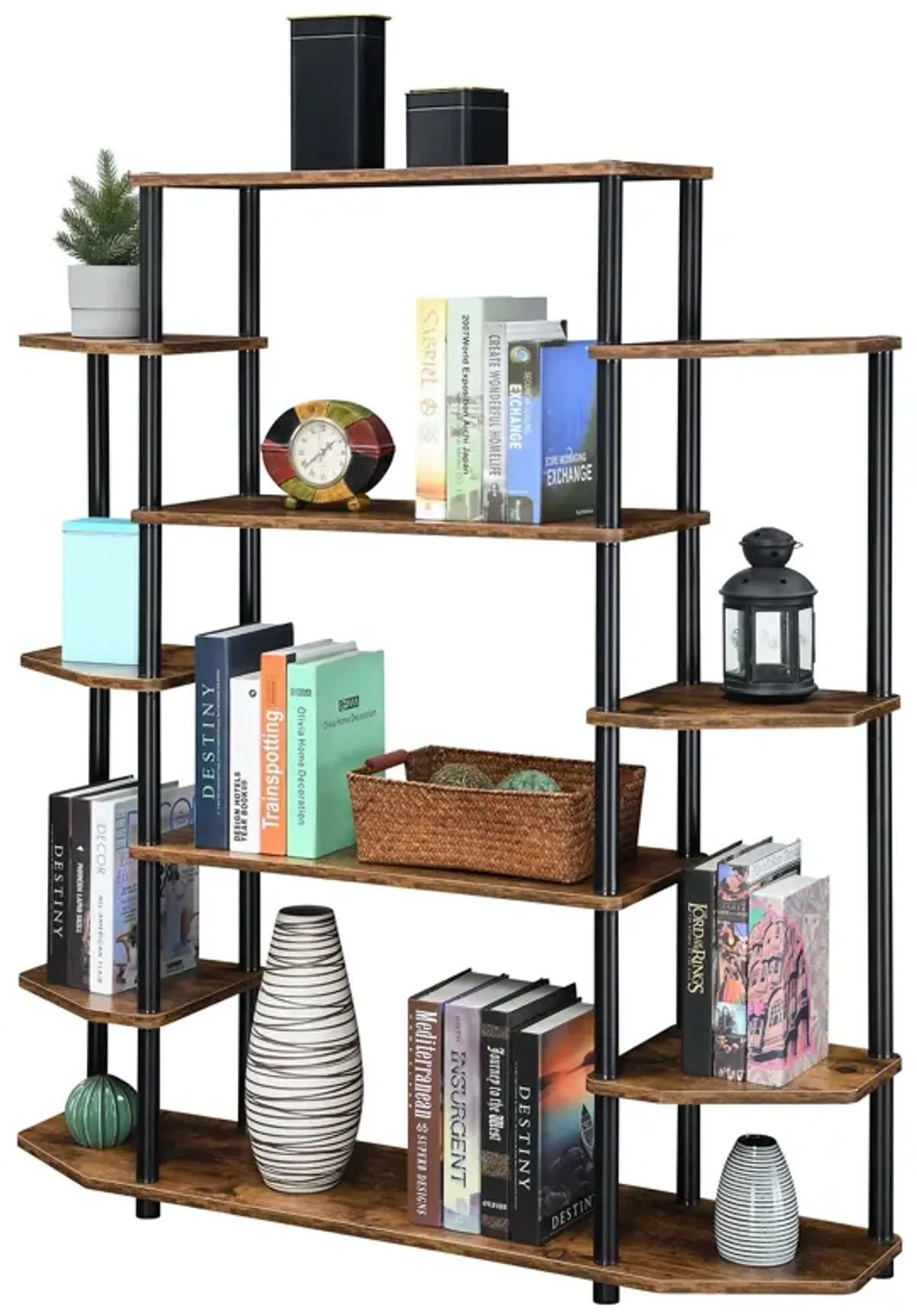 Convenience Concepts Designs2Go No Tools Book Shelf - Contemporary Storage Shelves for Display, 10 Spacious Shelves for Living Room, Office, Barnwood/Black Poles