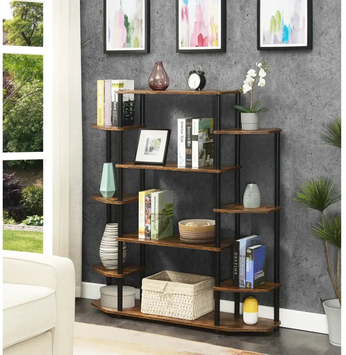 Convenience Concepts Designs2Go No Tools Book Shelf - Contemporary Storage Shelves for Display, 10 Spacious Shelves for Living Room, Office, Barnwood/Black Poles