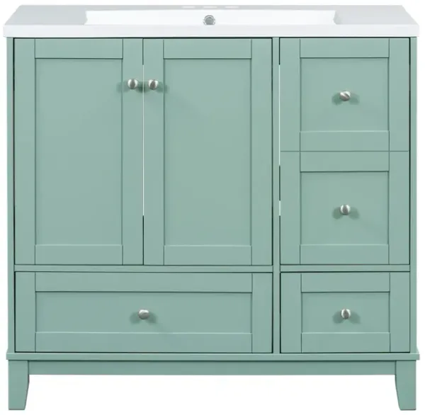 Whisen 36" Bathroom Storage Cabinet Bathroom Vanity with Resin Sink, USB Charging, Two Doors and Three Drawers