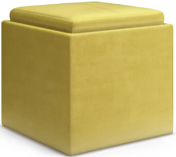 Rockwood Cube Storage Ottoman with Tray in Dijon Yellow Velvet Fabric