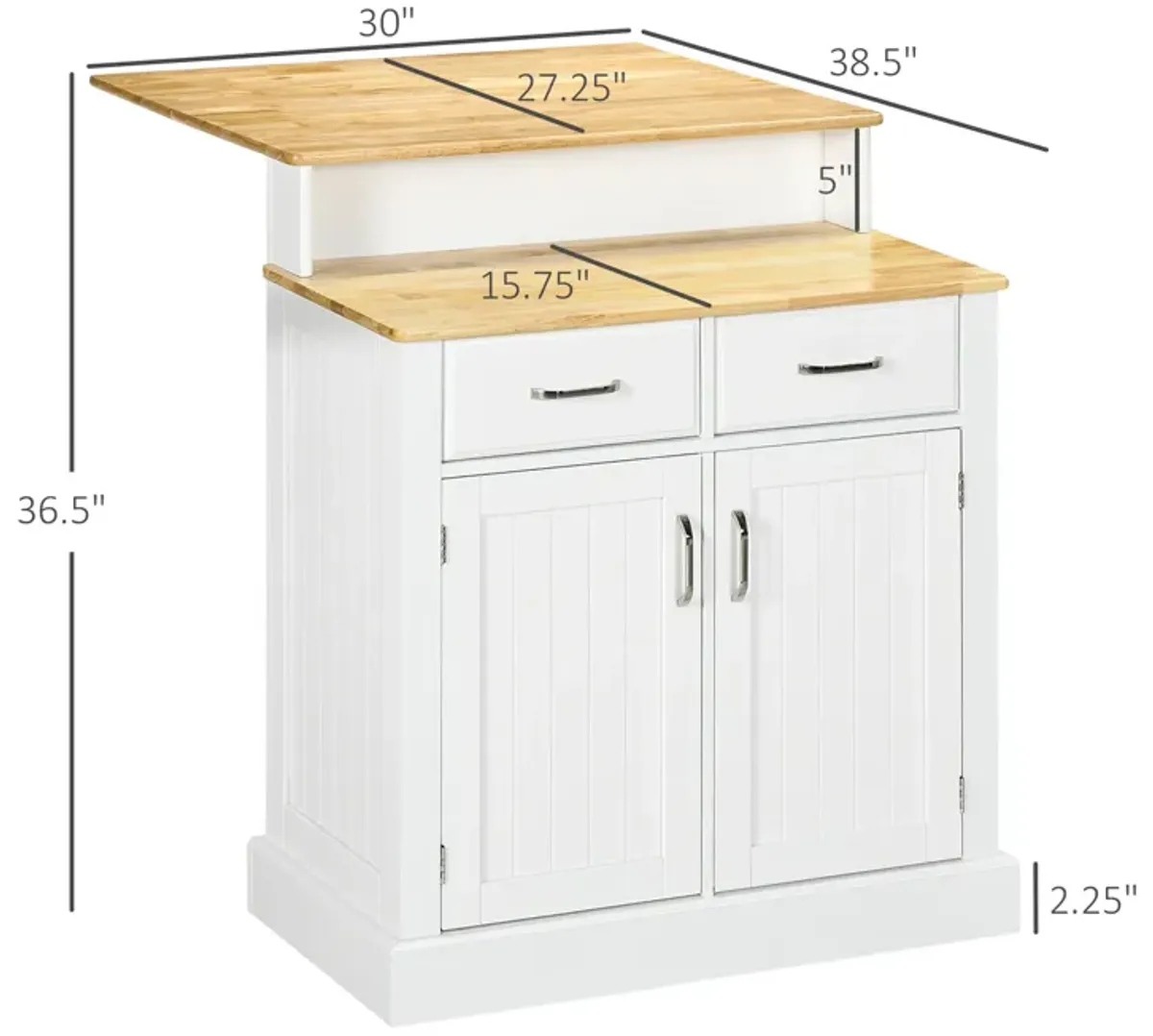 2-Level Kitchen Island with Storage Cabinet, Butcher Block Countertop, Drawers