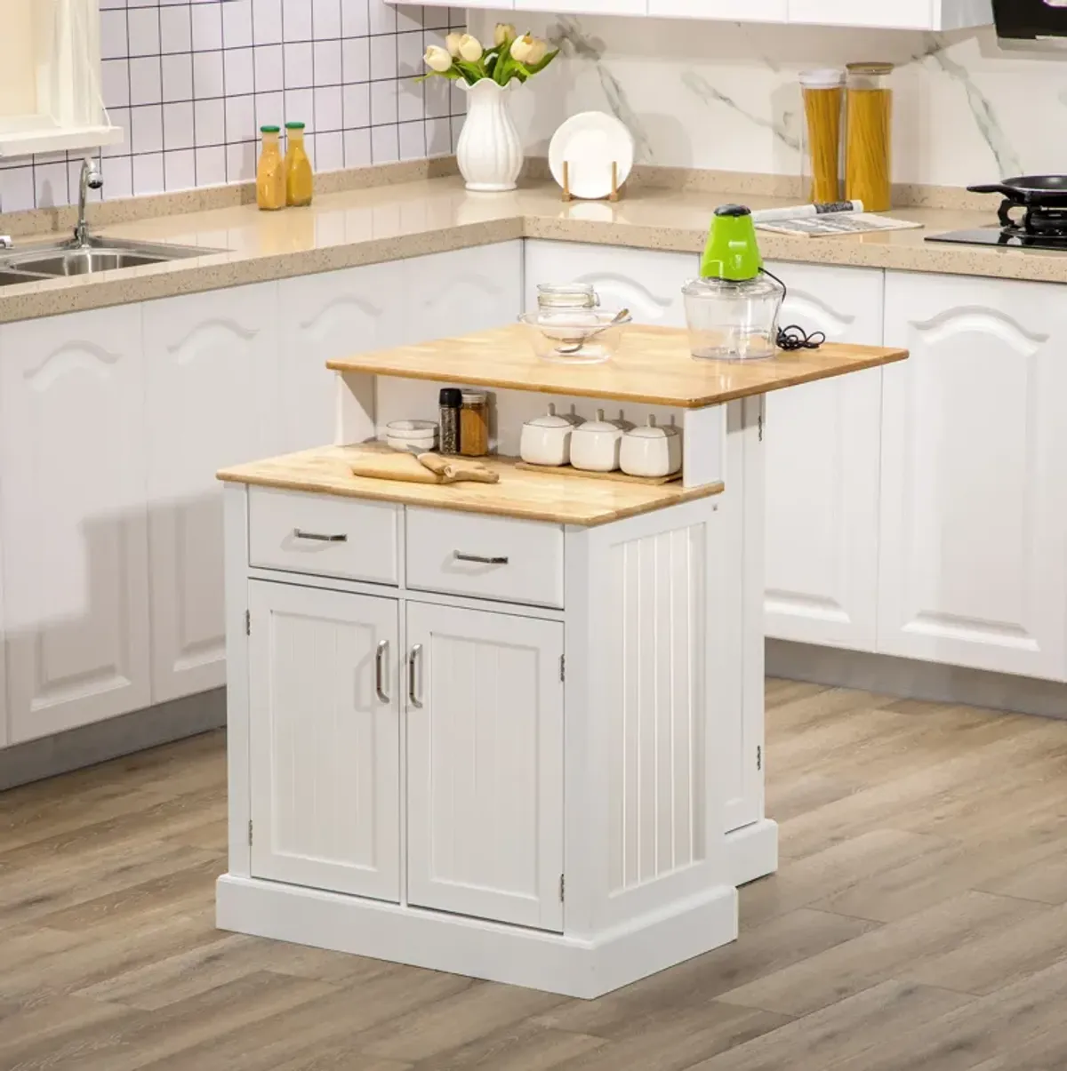 2-Level Kitchen Island with Storage Cabinet, Butcher Block Countertop, Drawers