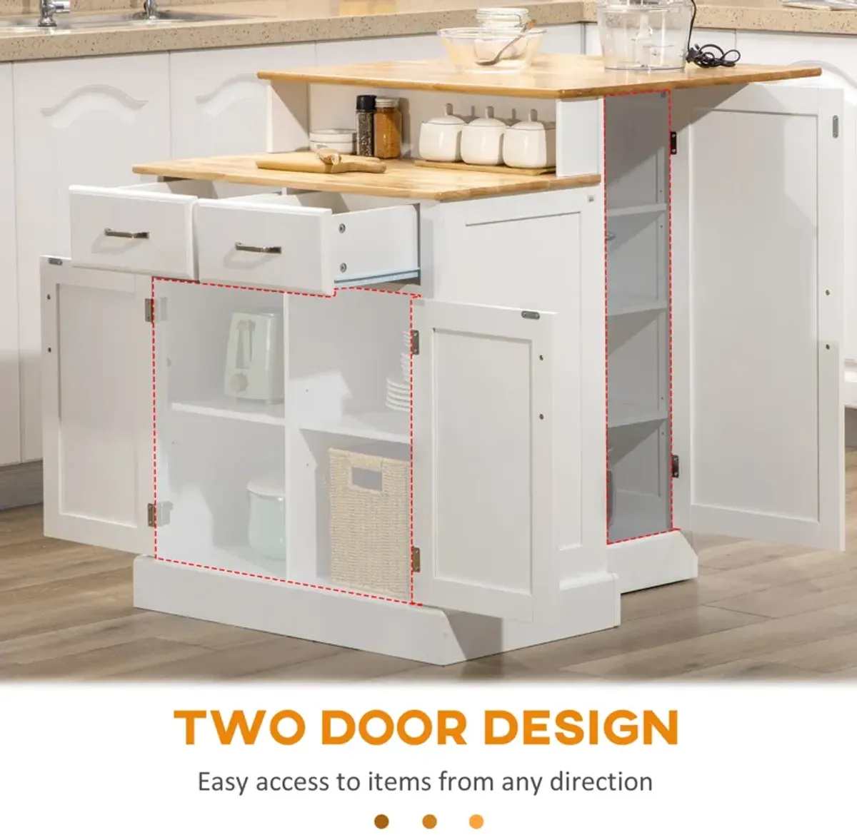 2-Level Kitchen Island with Storage Cabinet, Butcher Block Countertop, Drawers