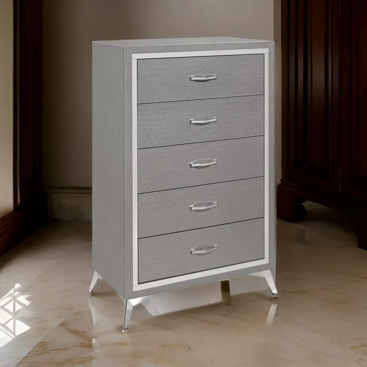 Sami 49 Inch Tall Dresser, 5 Drawers, Mirror Trim, Embossed Texture, Gray - Benzara