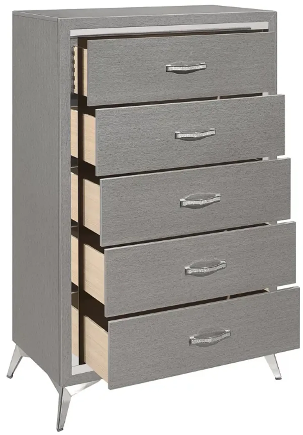 Sami 49 Inch Tall Dresser, 5 Drawers, Mirror Trim, Embossed Texture, Gray - Benzara