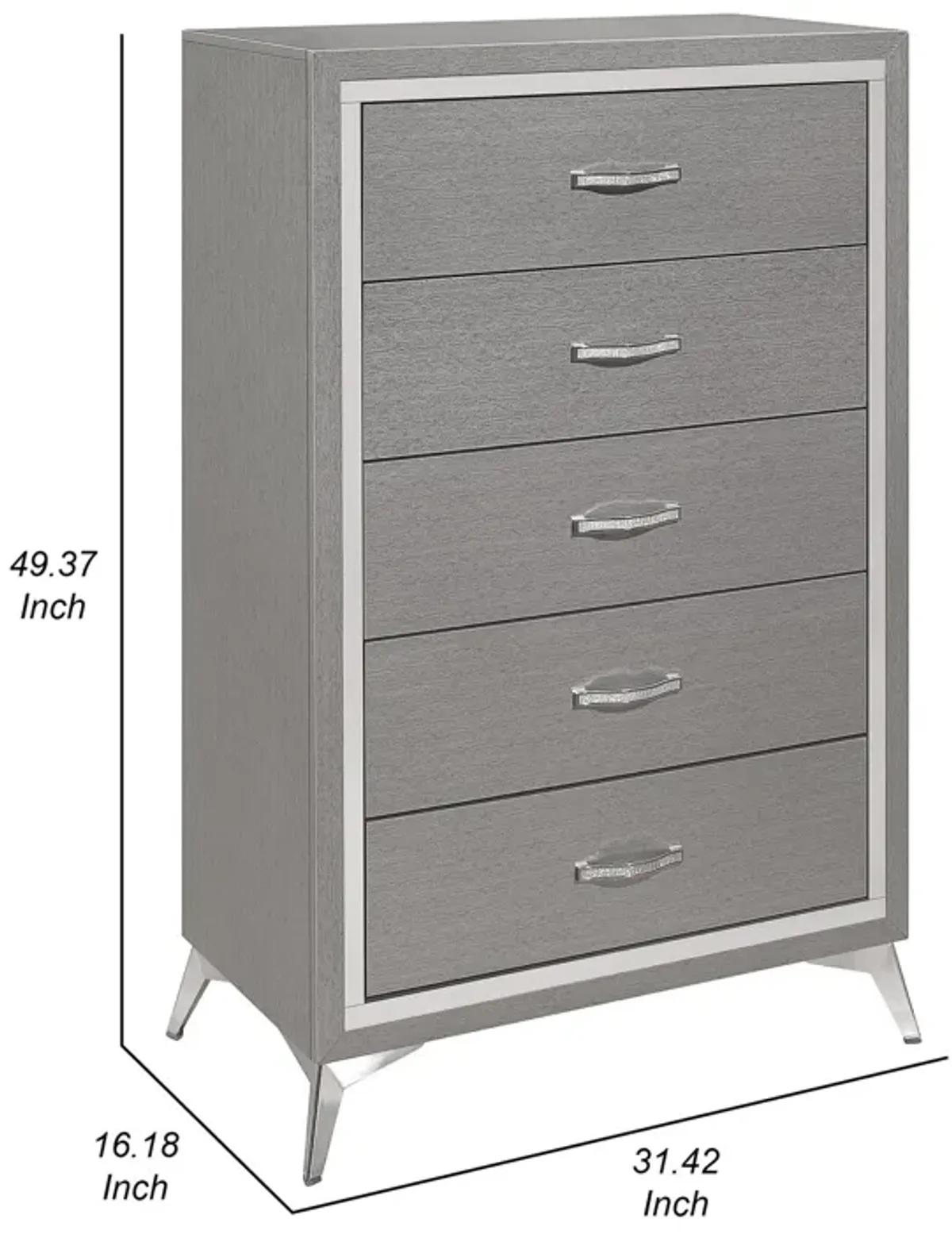 Sami 49 Inch Tall Dresser, 5 Drawers, Mirror Trim, Embossed Texture, Gray - Benzara