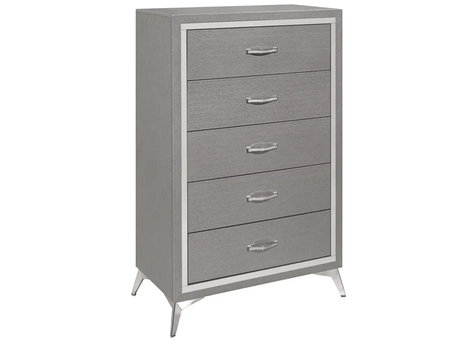 Sami 49 Inch Tall Dresser, 5 Drawers, Mirror Trim, Embossed Texture, Gray - Benzara