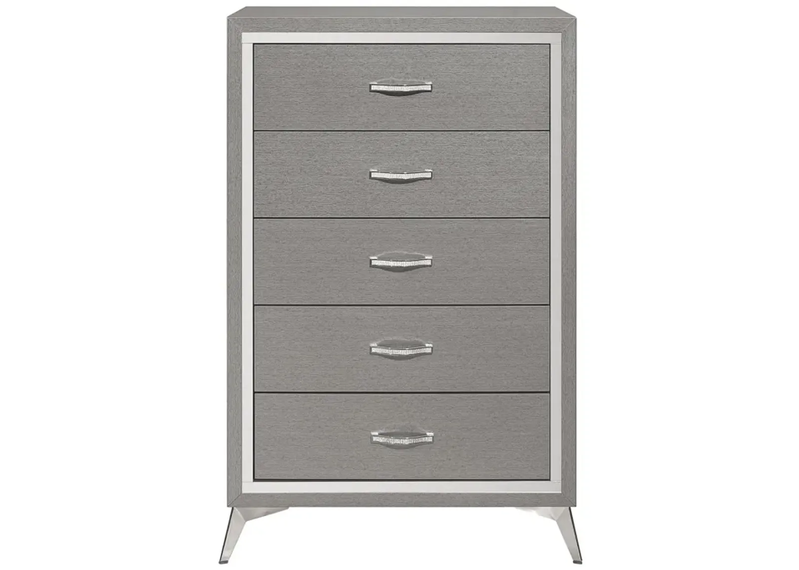 Sami 49 Inch Tall Dresser, 5 Drawers, Mirror Trim, Embossed Texture, Gray - Benzara