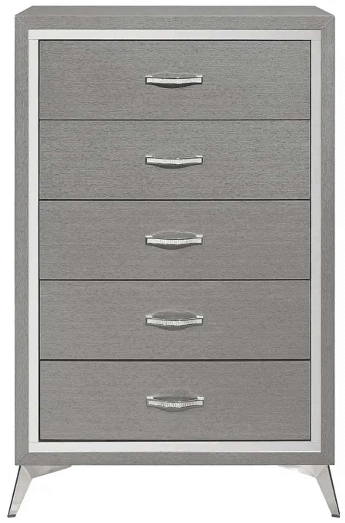 Sami 49 Inch Tall Dresser, 5 Drawers, Mirror Trim, Embossed Texture, Gray - Benzara