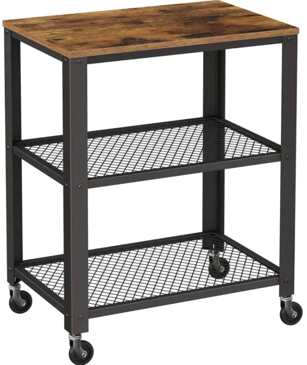 31 Inch Kitchen Rolling Bar Cart, 3 Tier, Brown Wood Top, Black Steel - Benzara