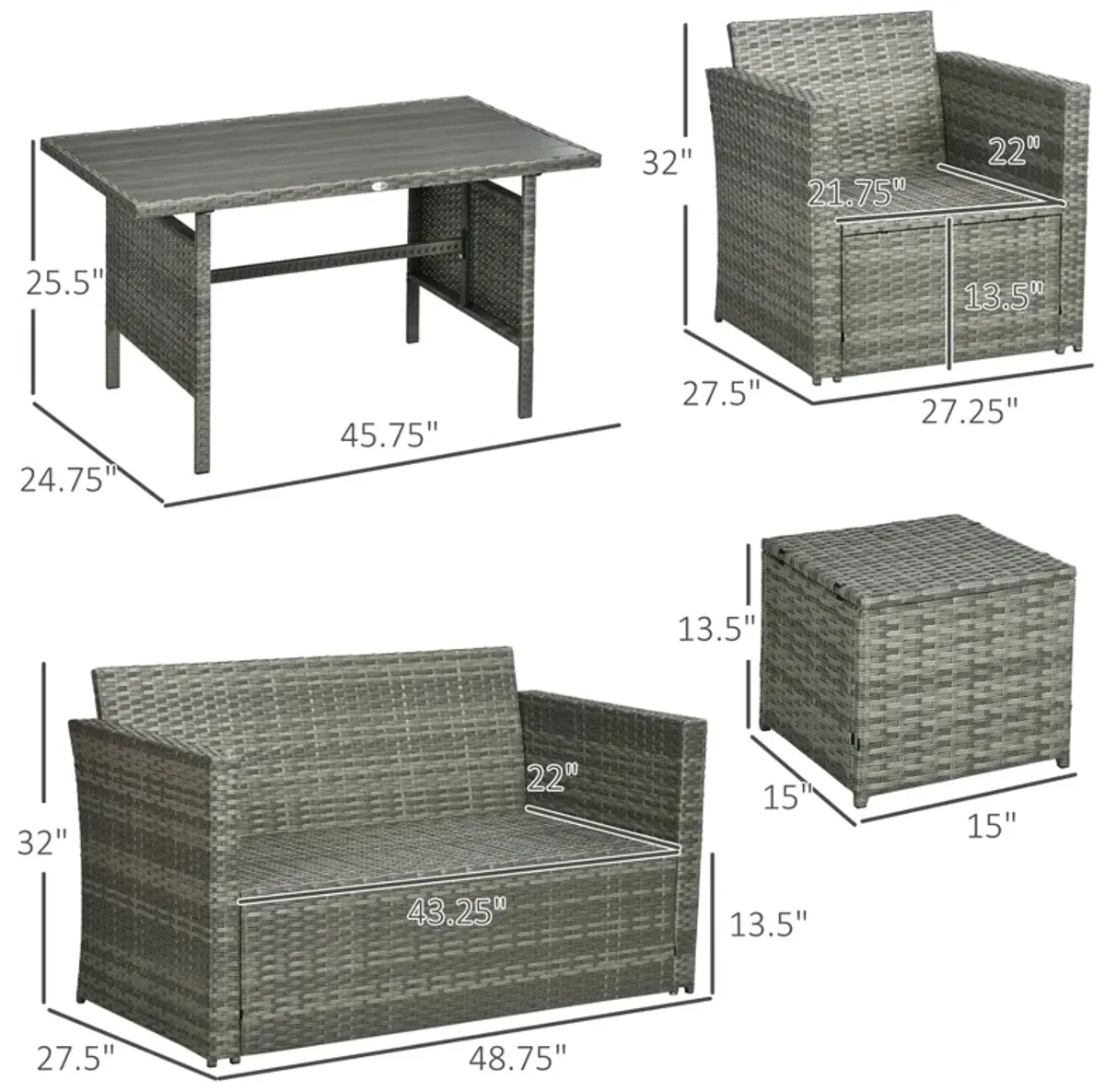 Mixed Gray Patio Set: 6-Piece PE Rattan Dining Set with Loveseat