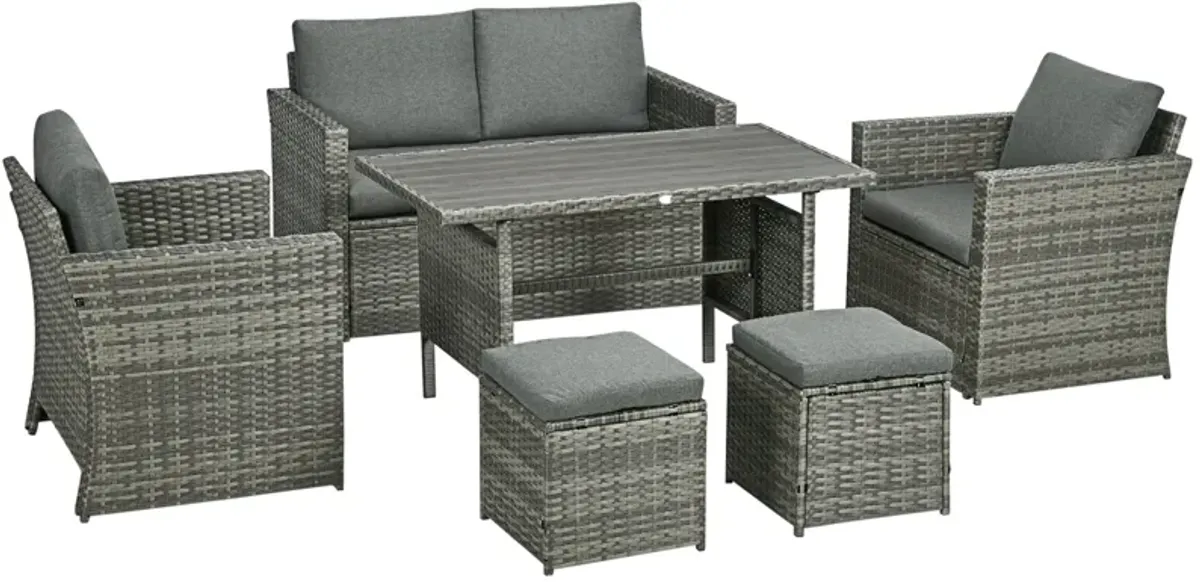 Mixed Gray Patio Set: 6-Piece PE Rattan Dining Set with Loveseat