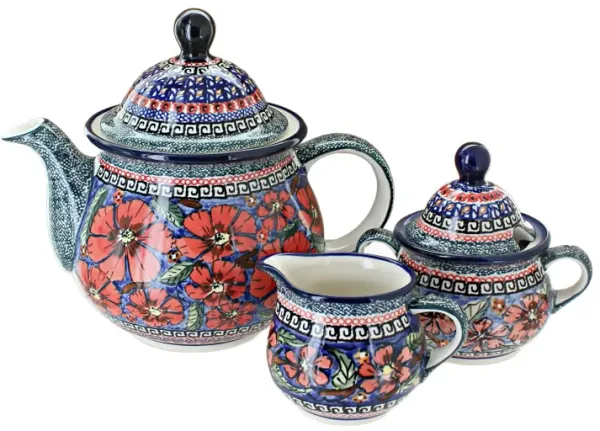 Blue Rose Polish Pottery Nature Three Piece Tea Set
