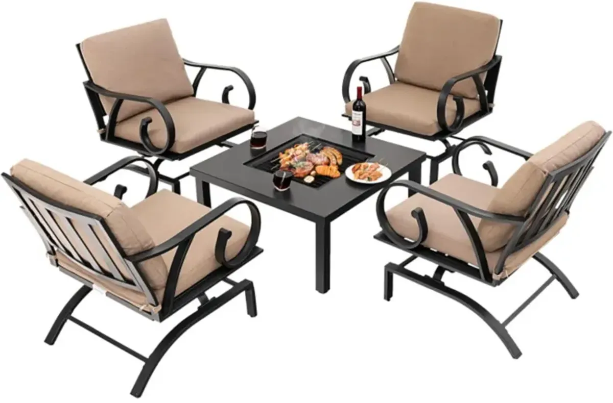 Hivvago 5 Pieces Patio Rocking Chairs and 4-in-1 Fire Pit Table with Fire Poker