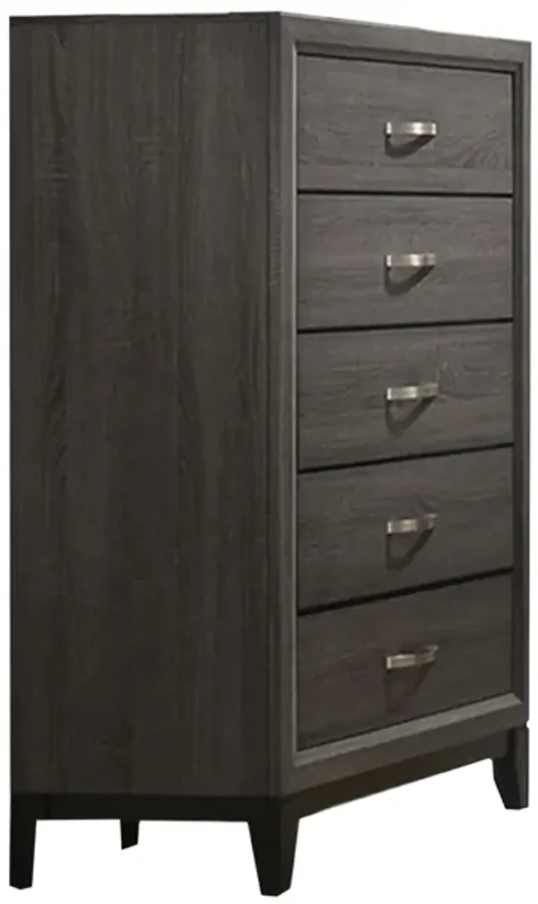 Erica Tall Dresser Chest, 5 Drawers, Gray Wood Finish, Metal Handles - Benzara