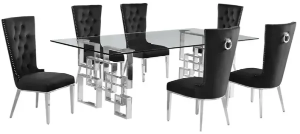 7-piece glam dining set with 6 black chairs and a 95" long glass  table