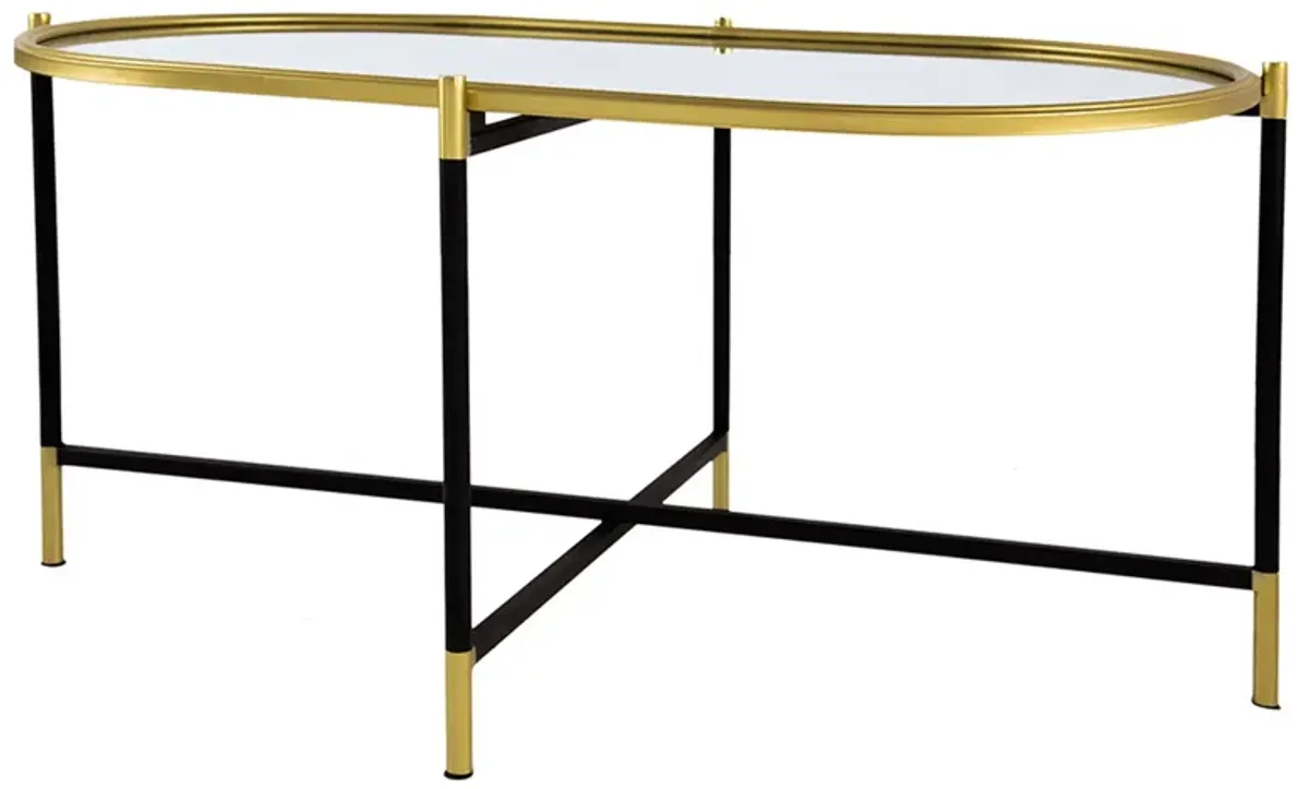 43 Inch Elongated Mirror Top Coffee Table, Iron Frame, Gold Finish, Black-Benzara