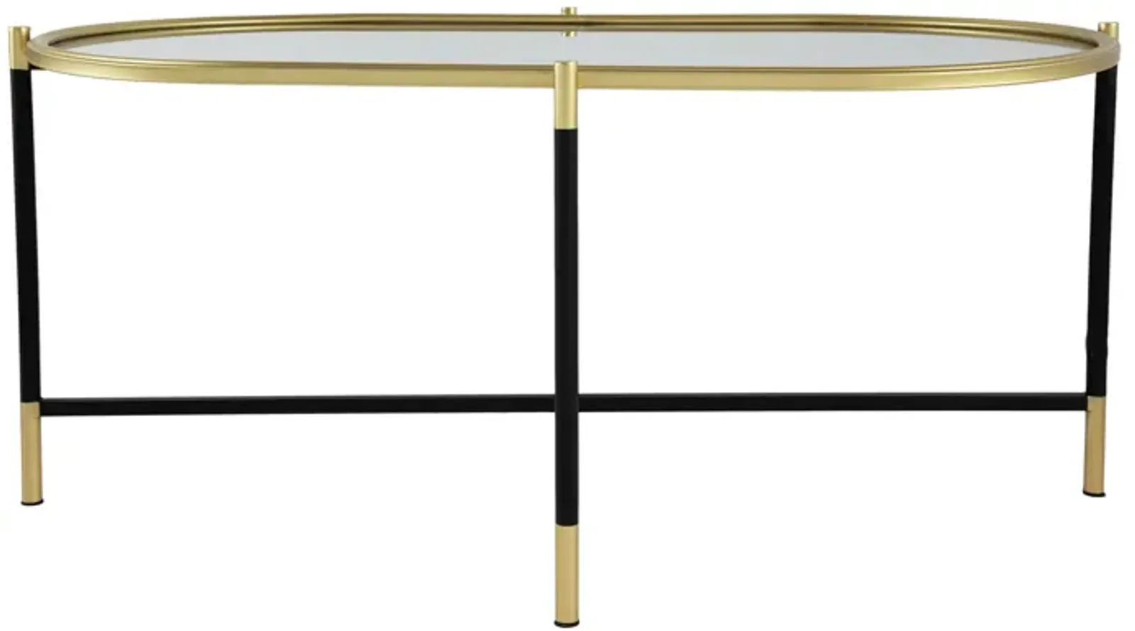 43 Inch Elongated Mirror Top Coffee Table, Iron Frame, Gold Finish, Black-Benzara