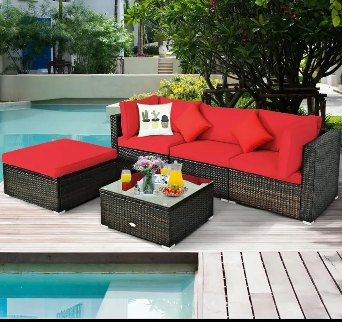 5 Pcs Outdoor Patio Rattan Furniture Set Sectional Conversation with Navy Cushions