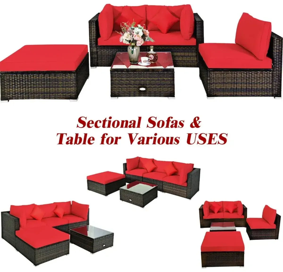 5 Pcs Outdoor Patio Rattan Furniture Set Sectional Conversation with Navy Cushions