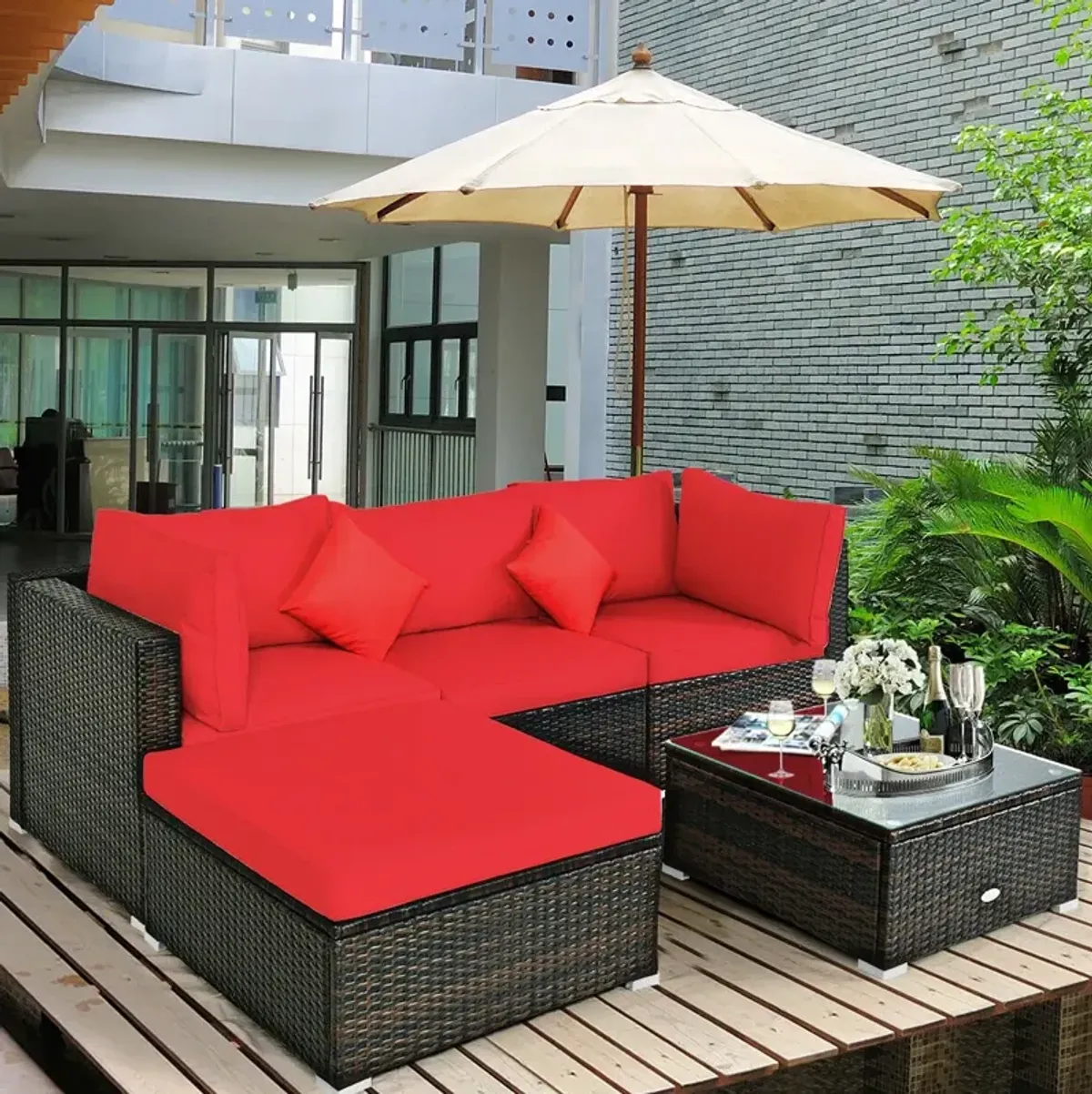 5 Pcs Outdoor Patio Rattan Furniture Set Sectional Conversation with Navy Cushions