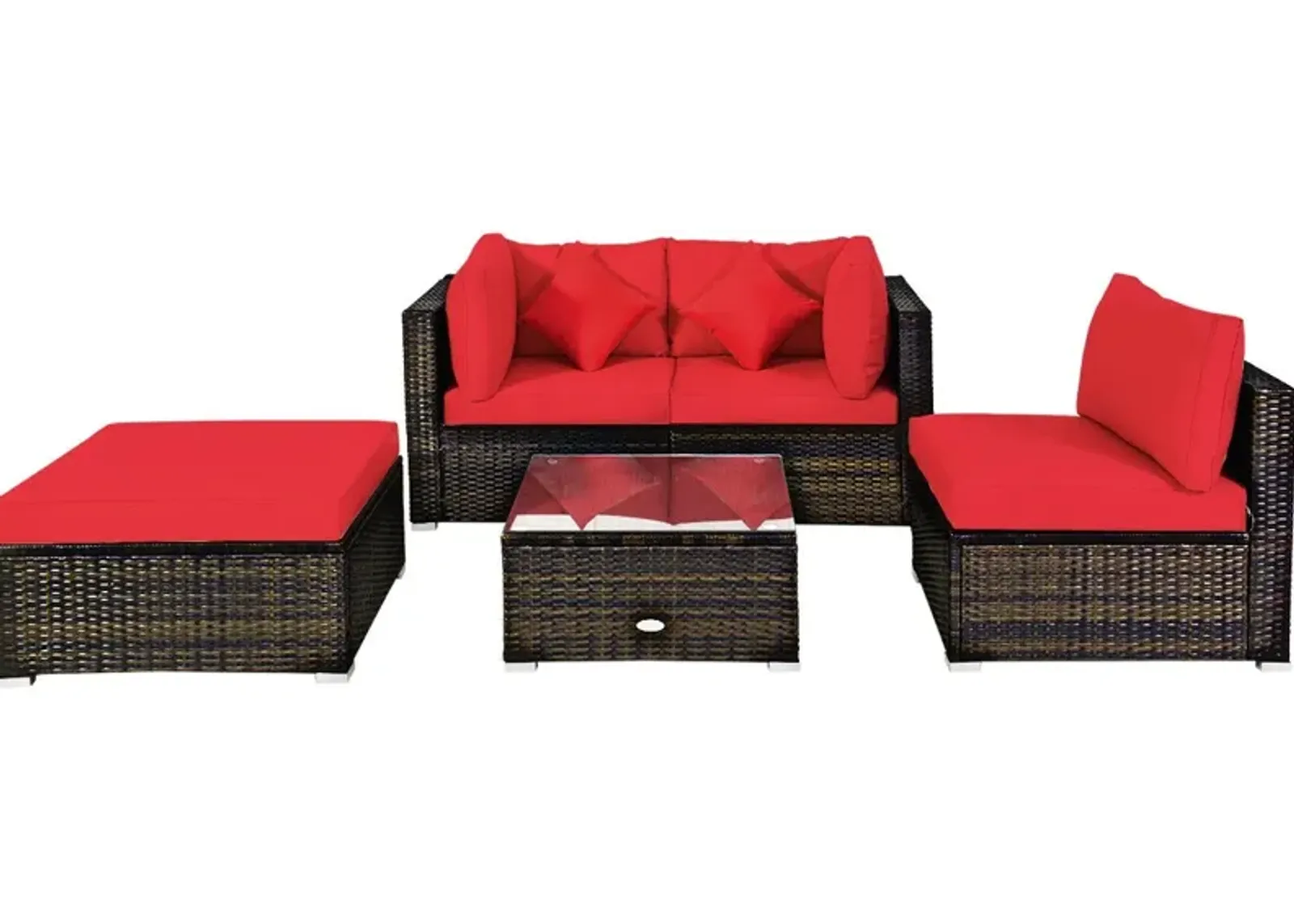 5 Pcs Outdoor Patio Rattan Furniture Set Sectional Conversation with Navy Cushions